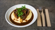 Calf liver on grill, with mashed potatoes