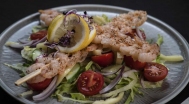 Shrimp skewers, crispy salad 