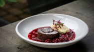 Lava cake, vanilla ice cream, fruit compote 