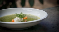 Ramson cream soup, goat cheese cream, smoked salmon