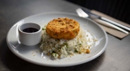 Camembert in a walnut coat, steamed rice, blueberry jam