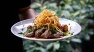 Tenderloin medallions, ramson-pesto, roasted potatoes, onion Lyonnaise style