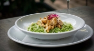 Grilled chicken breast strips, risotto with ramson