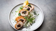 Turkey breast stuffed with prunes and Camembert, coated in panko breadcrumbs, served with jasmine rice