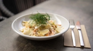 Durum farfalle with smoked salmon and dill