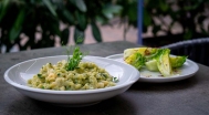 Dumplings with ramson and eggs, pickled romaine salad