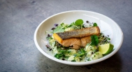 Grilled salmon fillet, spinach and garlic gnocchi 