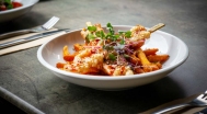 Sweet chili shrimp skewers, sweet potato fries 