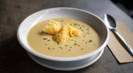 Porcini cream soup, cheese chips 