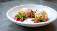 Cottage cheese dumplings, served with strawberry ragout and sweet sour cream