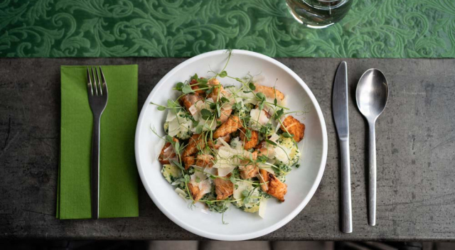 Creamy wild garlic gnocchi with seared salmon strips 