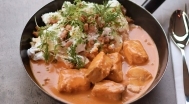 Catfish paprikash, cottage cheese noodles, bacon bits, sour cream 